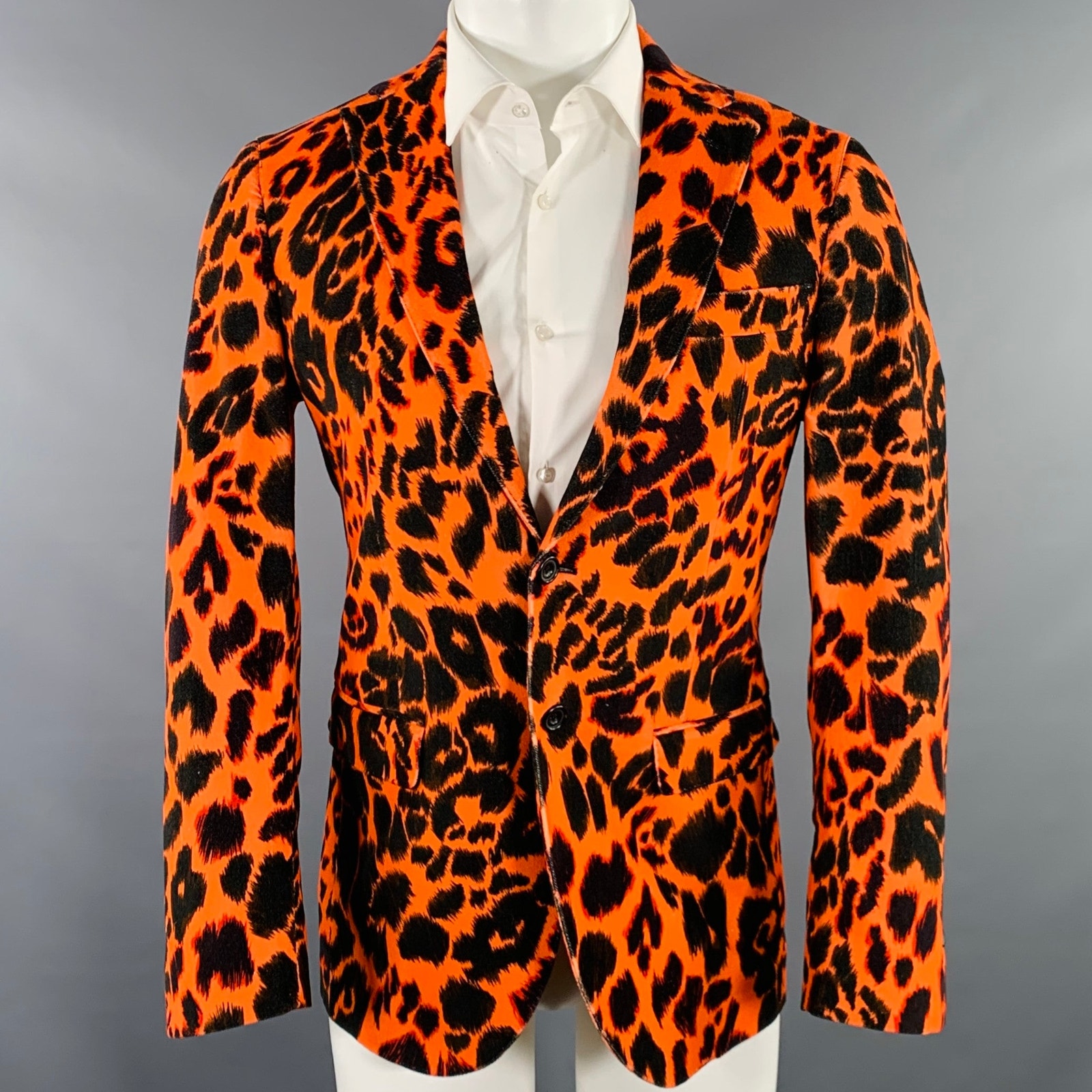 R13 Size 38 Orange Black Leopard Print Cotton Velvet Notch Lapel Sport Coat